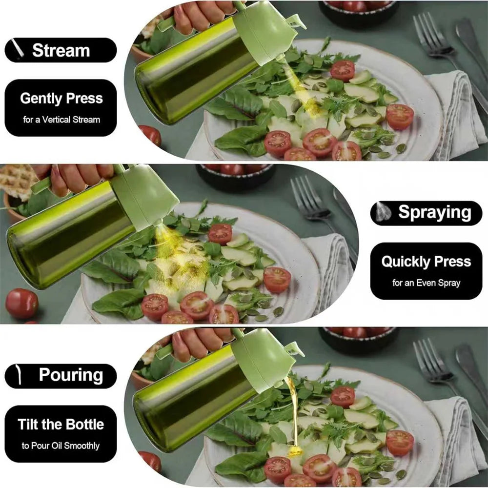Green bottle being used to pour, spray, and pour olive oil on a salad with text instructions.