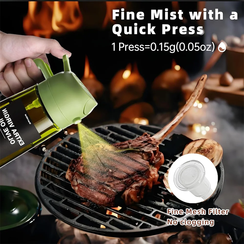 Olive oil sprayer being used on a grill with text about fine mist and quick press feature.