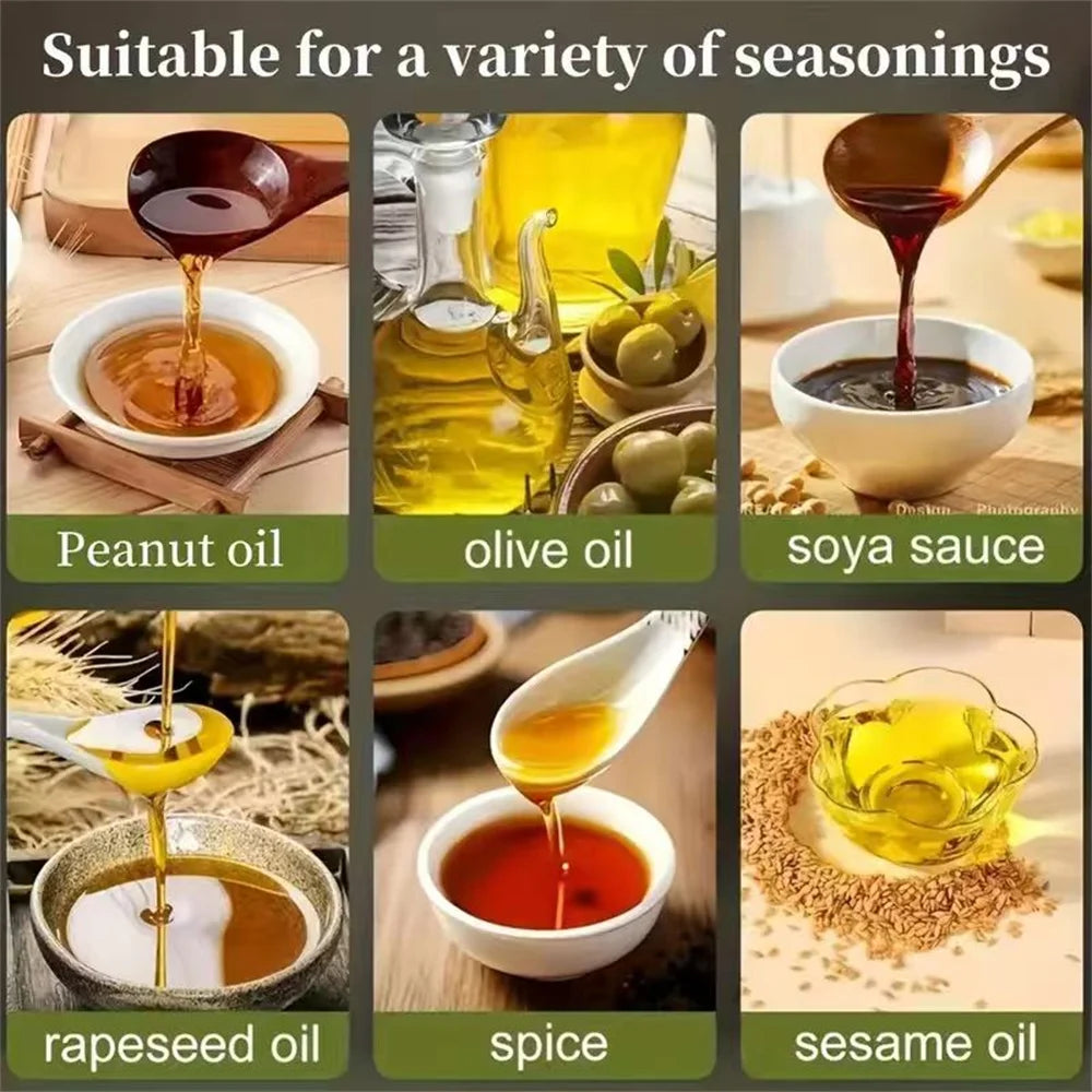Collage of oils and seasonings with labels for peanut oil, olive oil, soya sauce, rapeseed oil, spice, and sesame oil.