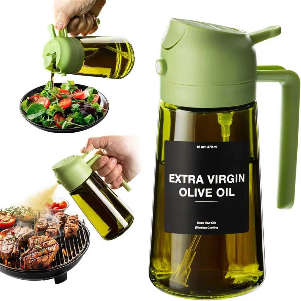 Green olive oil bottle with a label reading 'Extra Virgin Olive Oil' being used on a salad and grilled food.