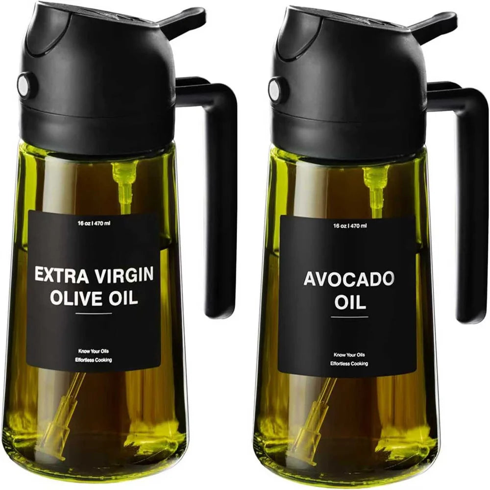 Two bottles of olive oil and avocado oil with black lids on a white background