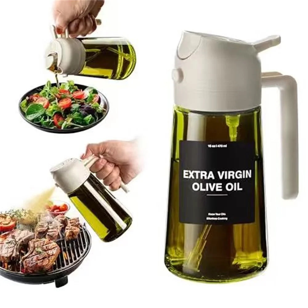 Olive oil bottle being used on a salad and grilled meat, with a label indicating 'Extra Virgin Olive Oil'.
