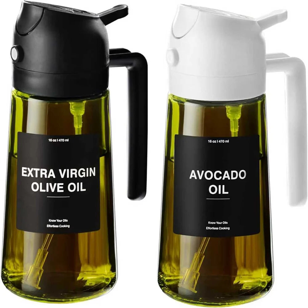 Two bottles of olive oil with labels for extra virgin olive oil and avocado oil on a white background.