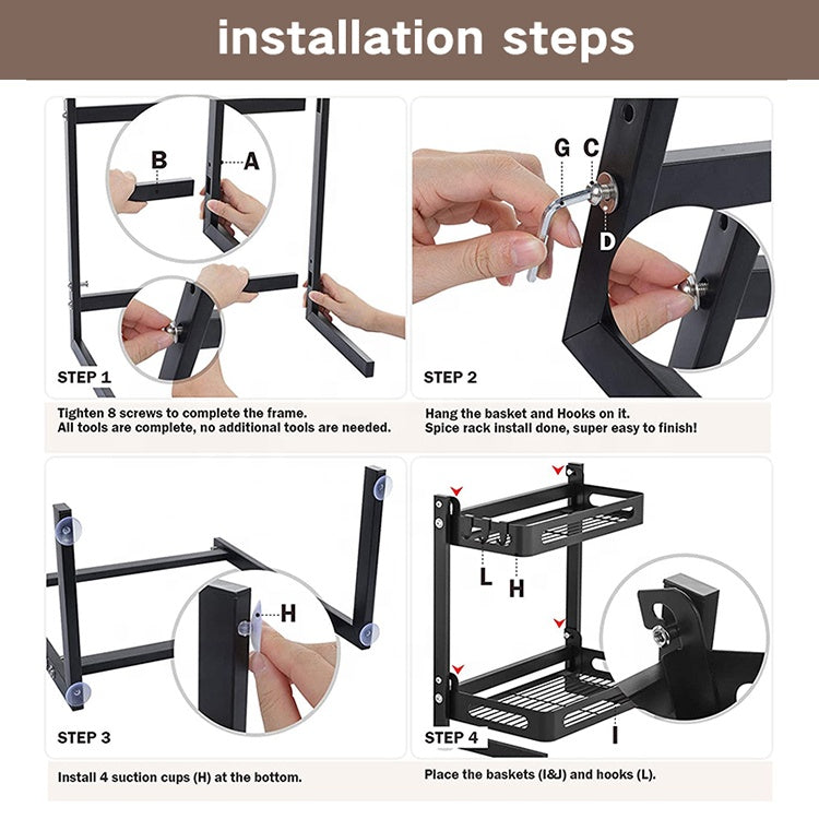 Black 3-tier expandable metal spice rack for kitchen storage and seasoning organization.