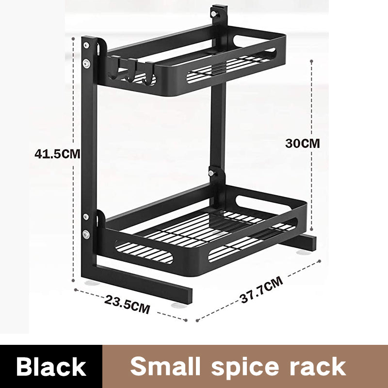 Black 3-tier expandable metal spice rack for kitchen storage and seasoning organization.