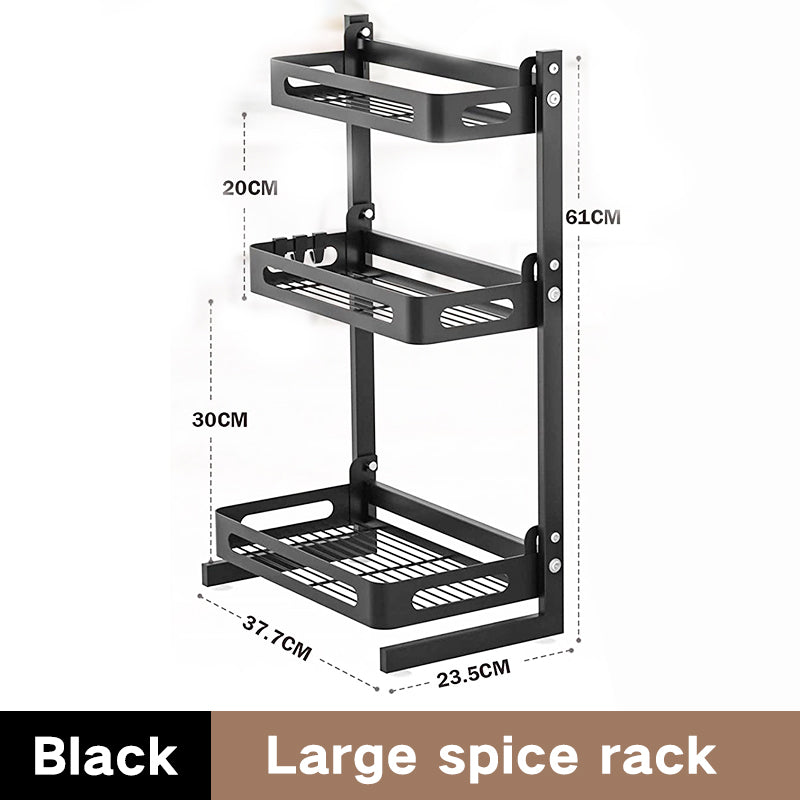 Black 3-tier expandable metal spice rack for kitchen storage and seasoning organization.