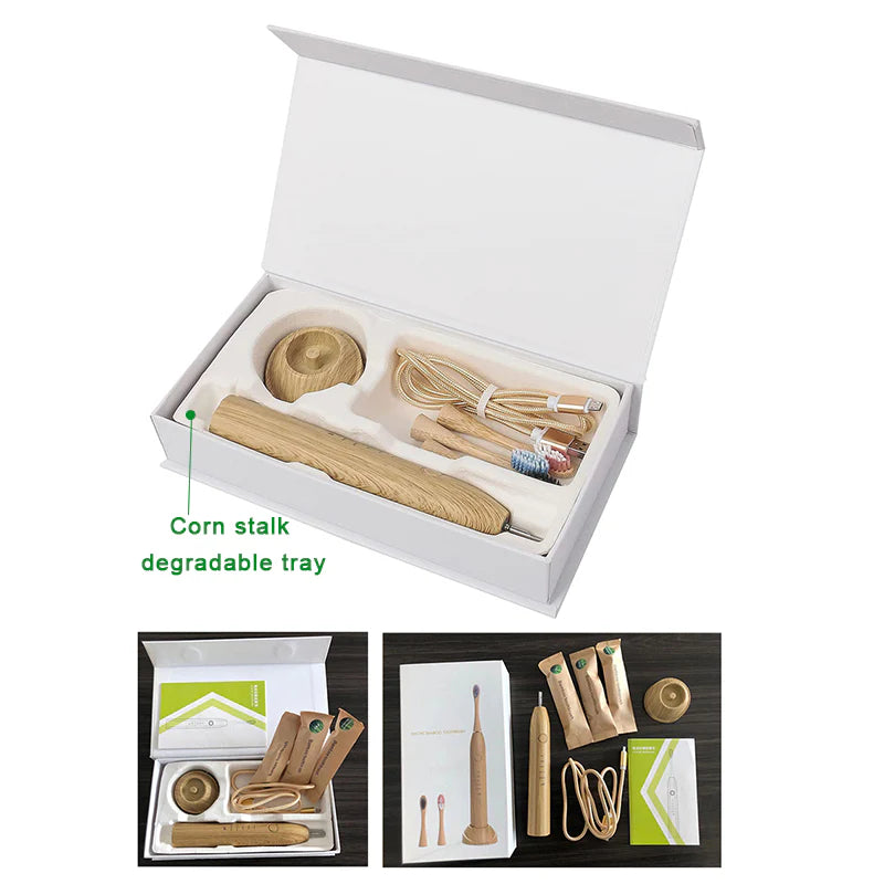 Biodegradable bamboo electric toothbrush with soft bristles and waterproof design for eco-friendly oral care