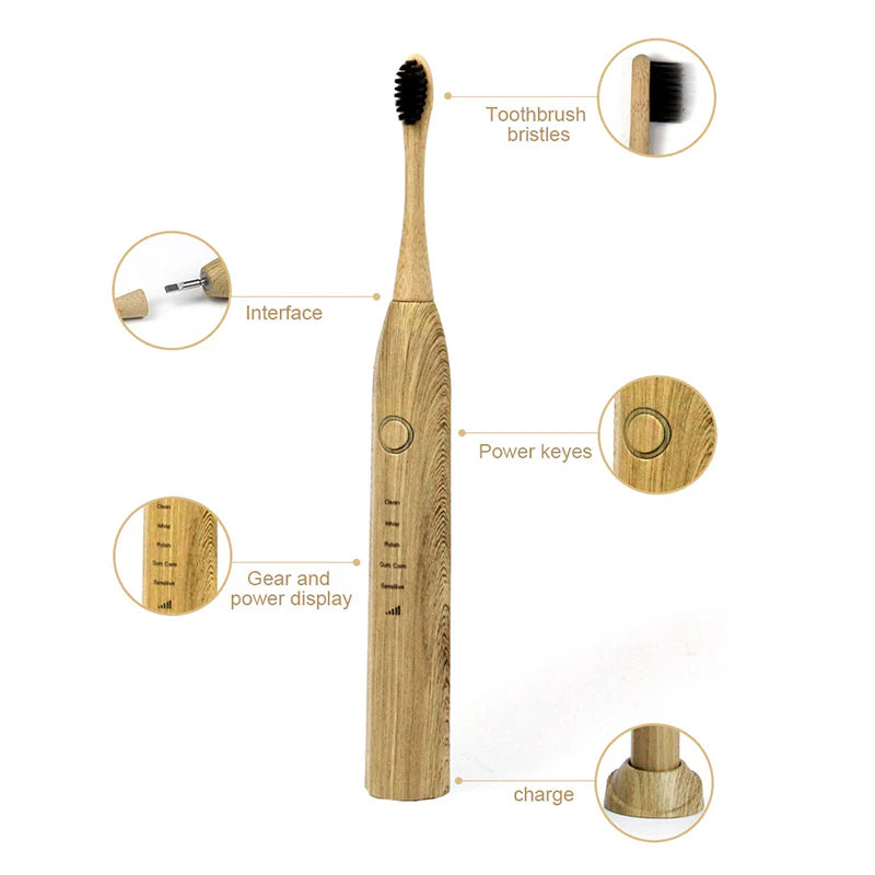 Biodegradable bamboo electric toothbrush with soft bristles and waterproof design for eco-friendly oral care
