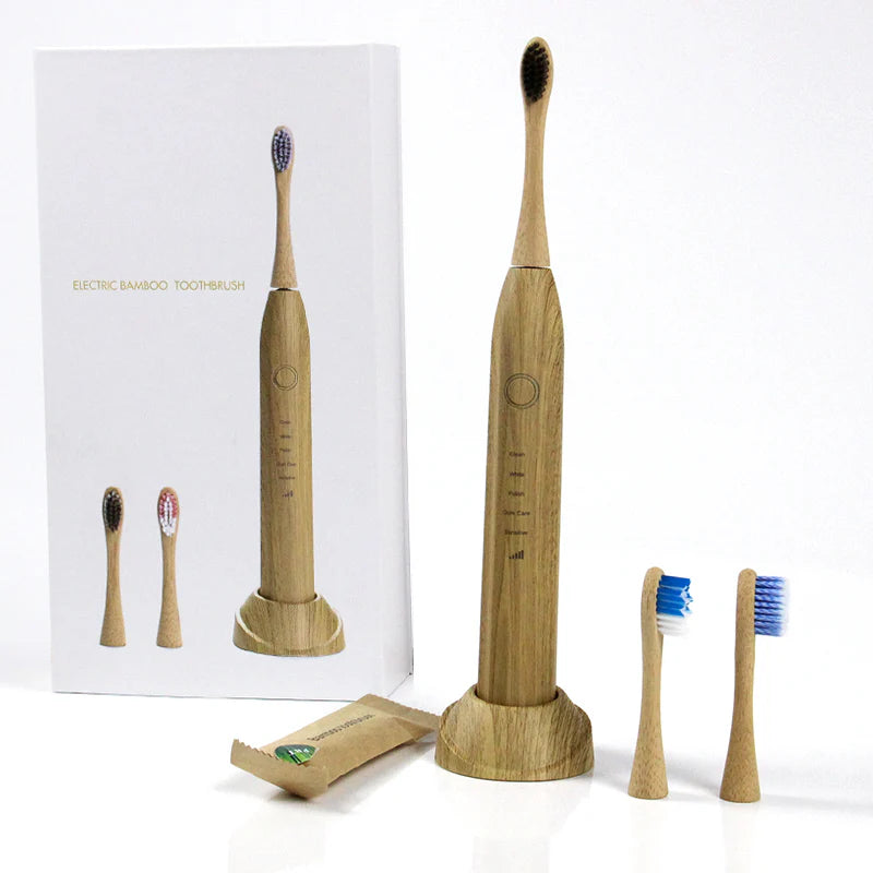 Biodegradable bamboo electric toothbrush with soft bristles and waterproof design for eco-friendly oral care