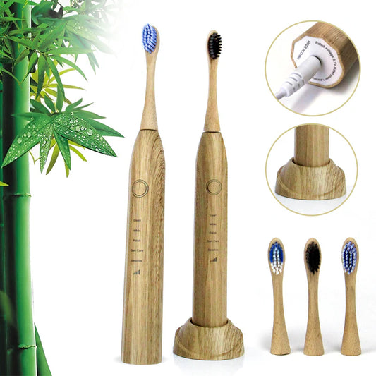 Biodegradable bamboo electric toothbrush with soft bristles and waterproof design for eco-friendly oral care