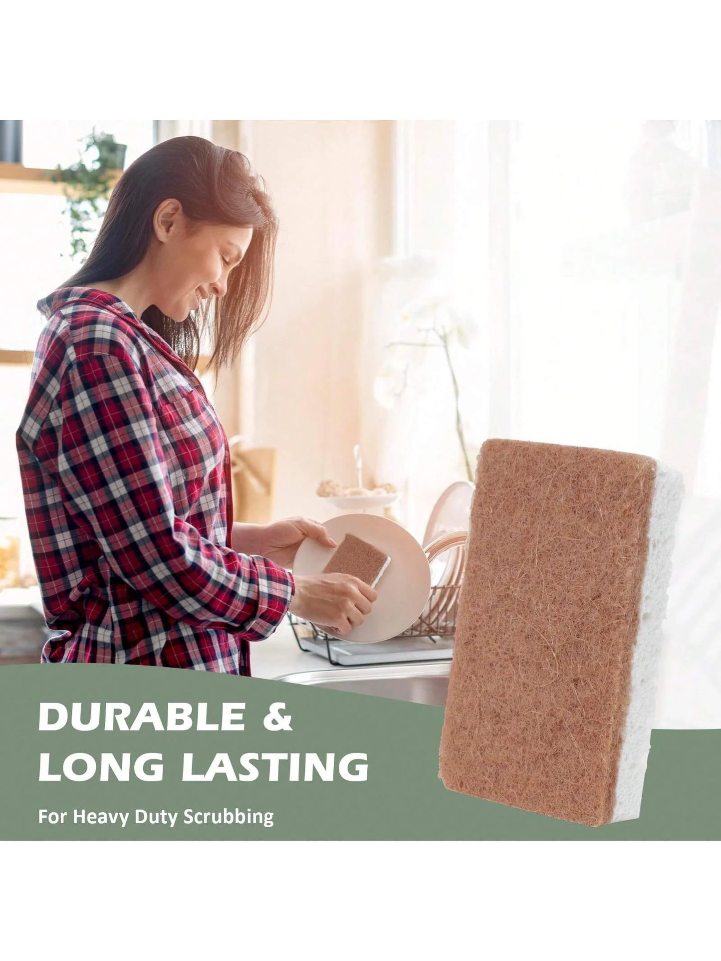 Woman scrubbing a surface with a durable cleaning pad, text 'Durable & Long Lasting for Heavy Duty Scrubbing' below.