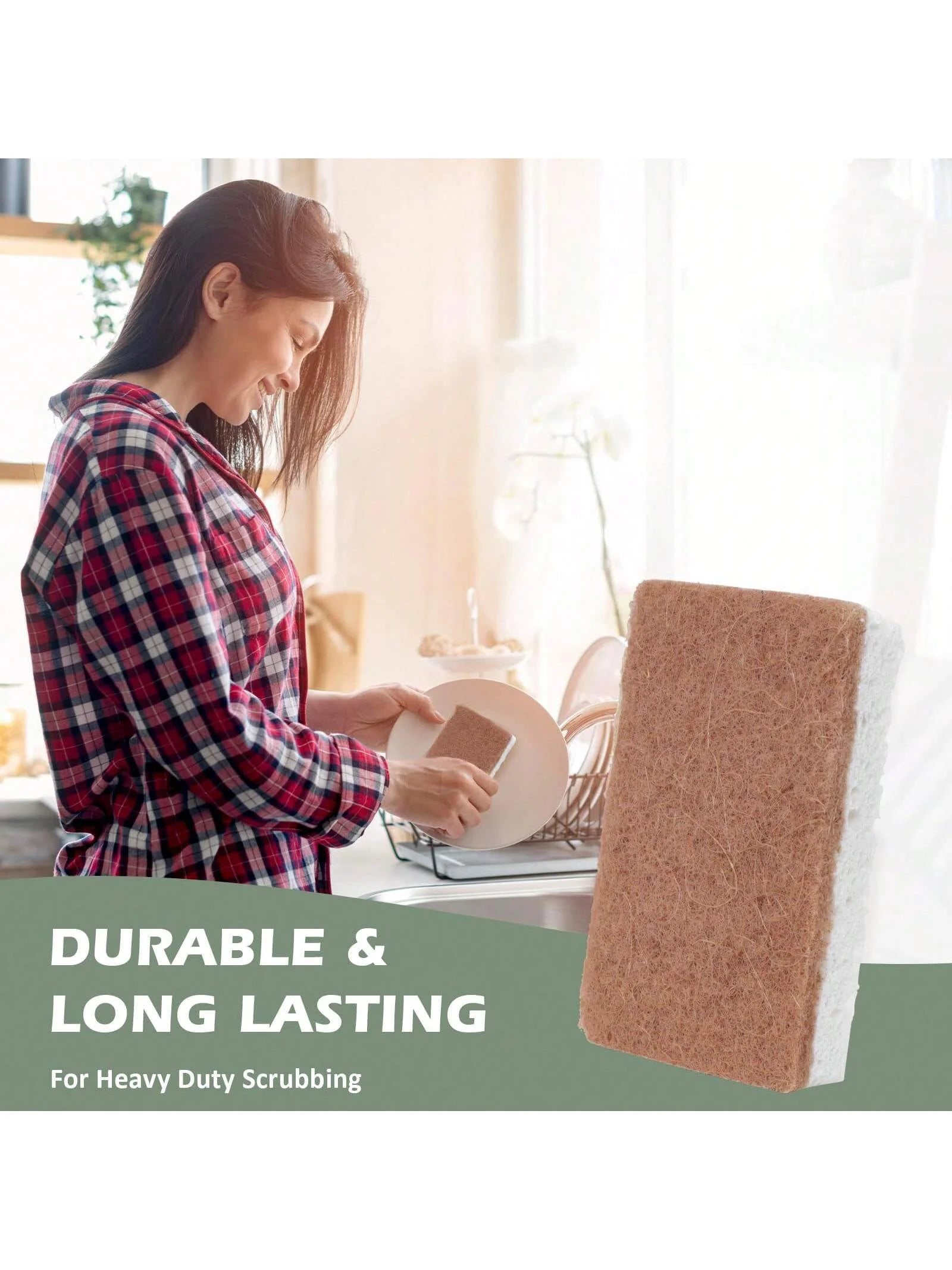 Woman scrubbing a surface with a durable cleaning pad, text 'Durable & Long Lasting for Heavy Duty Scrubbing' below.