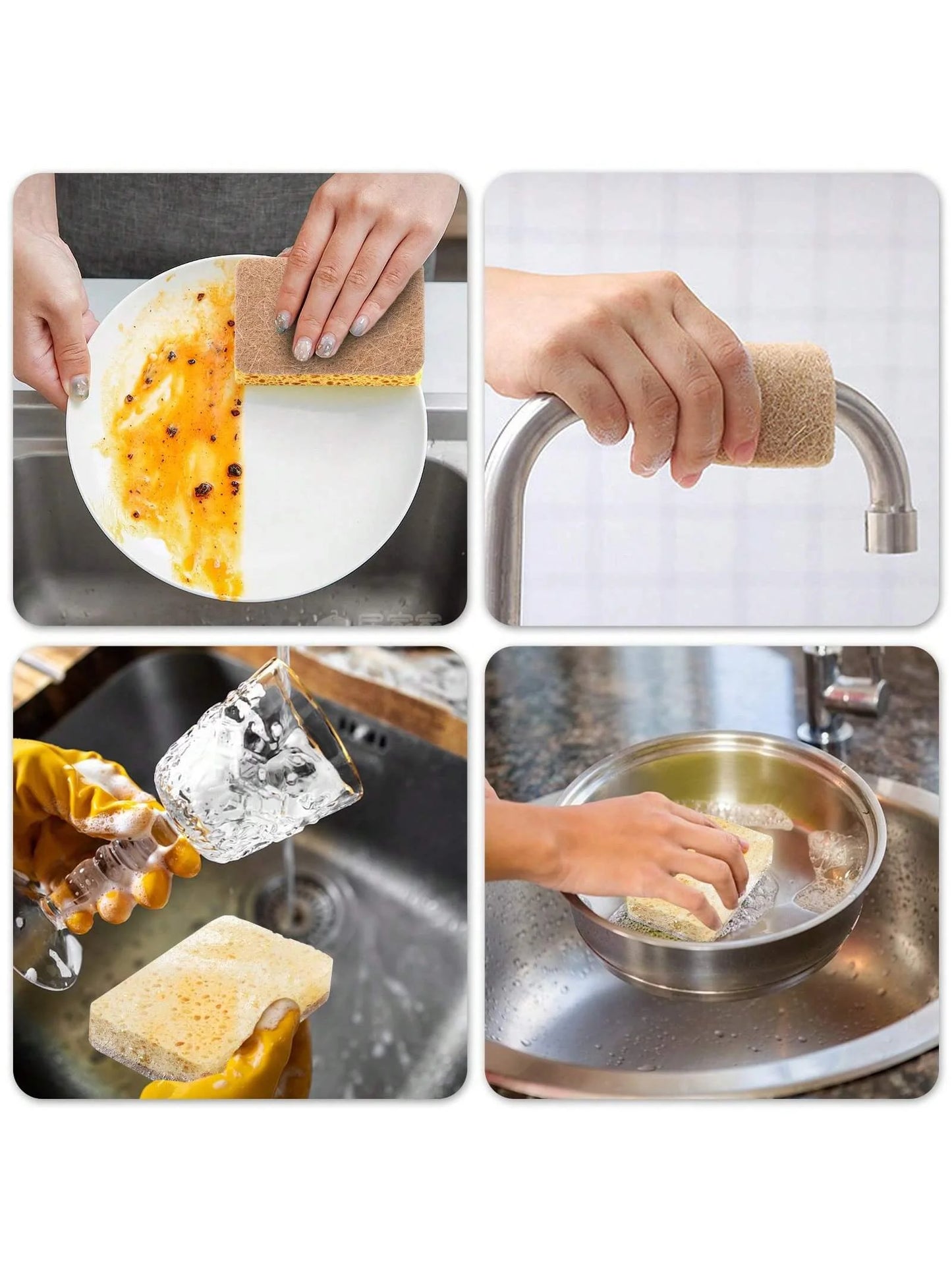 Collage of a person using a sponge to clean various kitchen items.