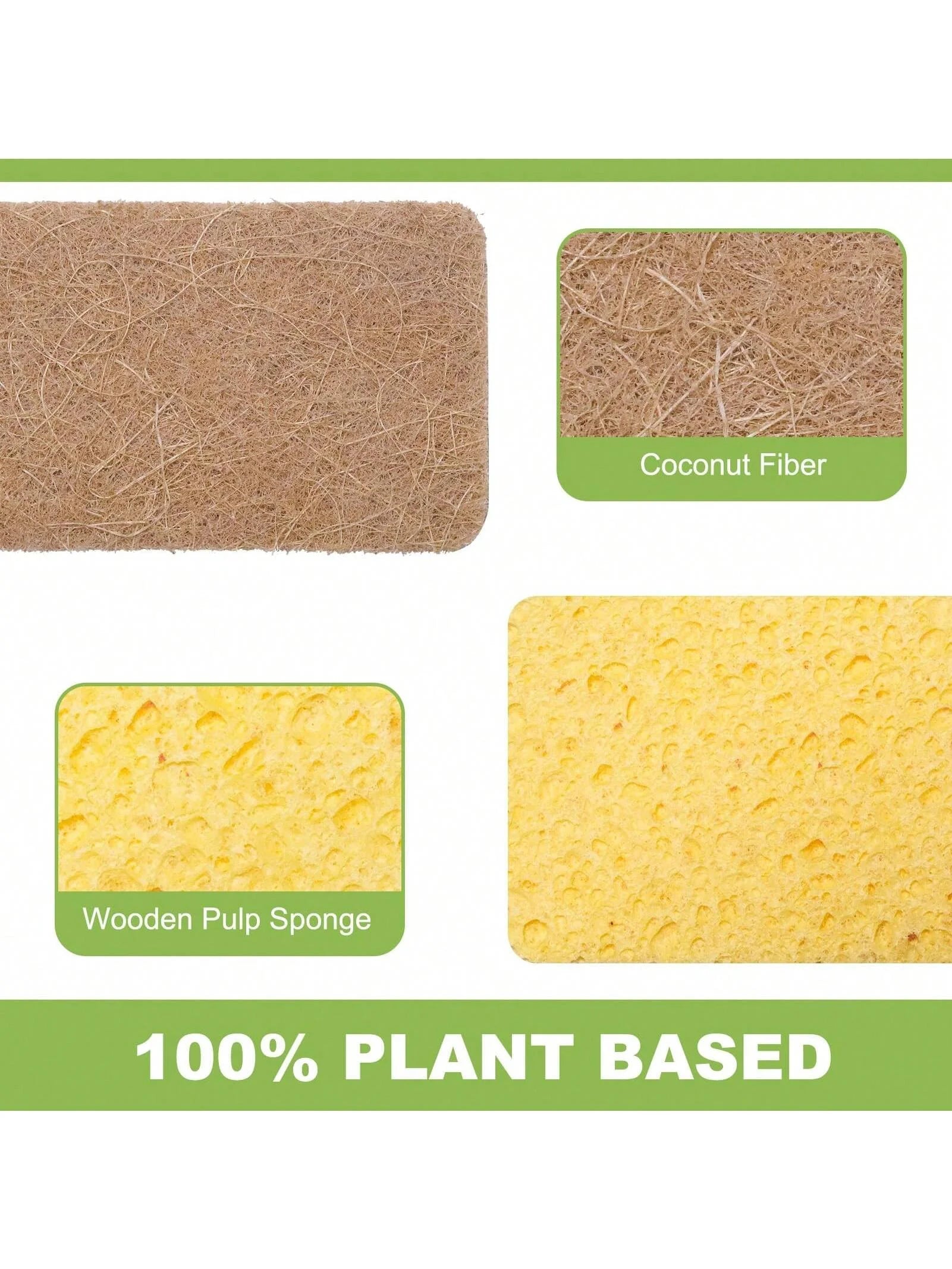 Comparison of coconut fiber and wooden pulp sponge with '100% Plant Based' text on a white background.