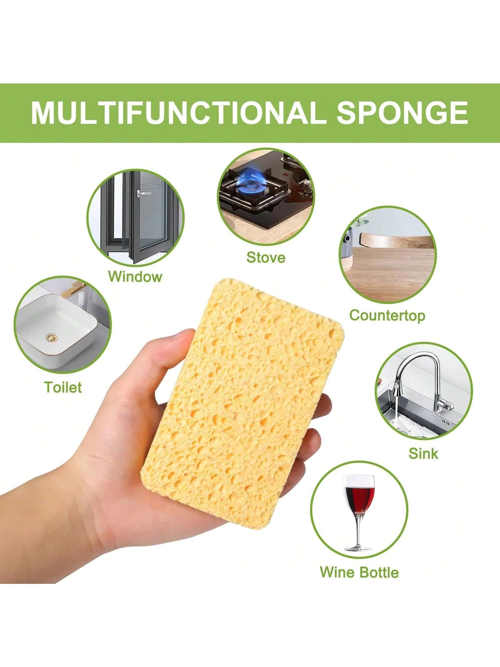 Multifunctional sponge held by a hand with icons showing its uses on various surfaces.