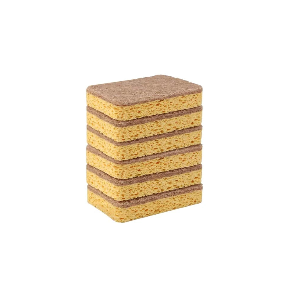 Stack of yellow sponges with brown stripes on a white background