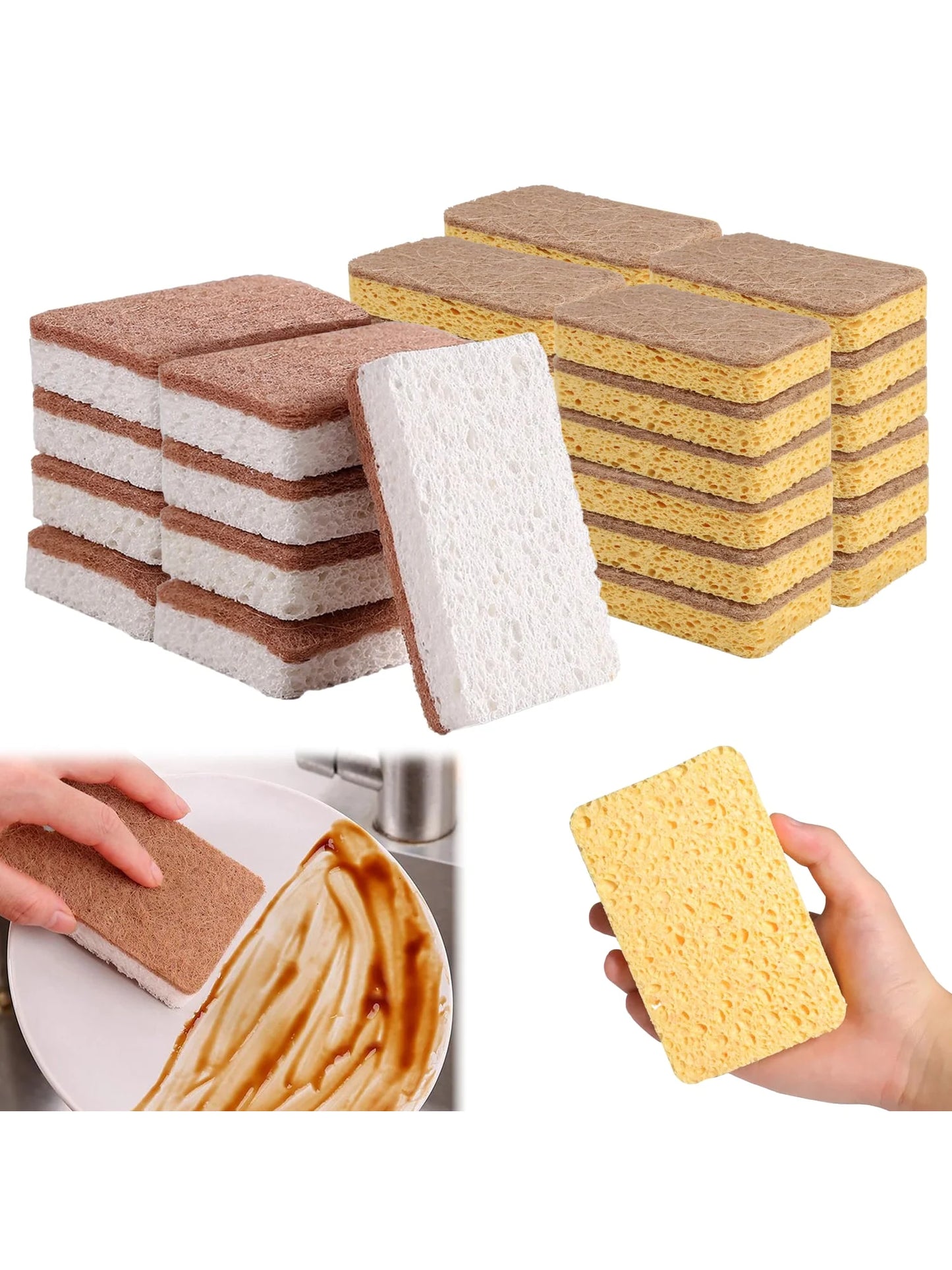 Stacks of different types of sponges with a hand holding a yellow sponge.