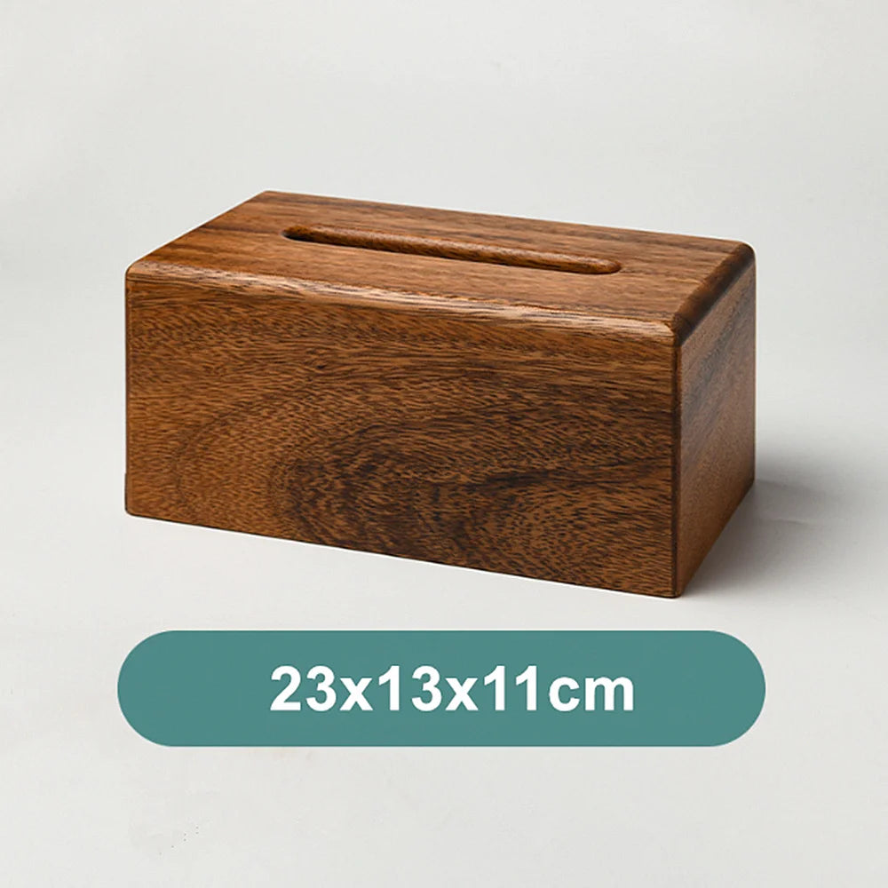 Wooden tissue box on a light gray background with dimensions displayed.