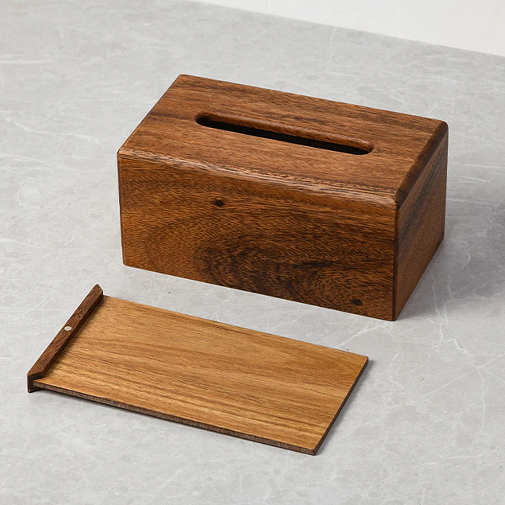 Wooden tissue box cover on a light gray surface