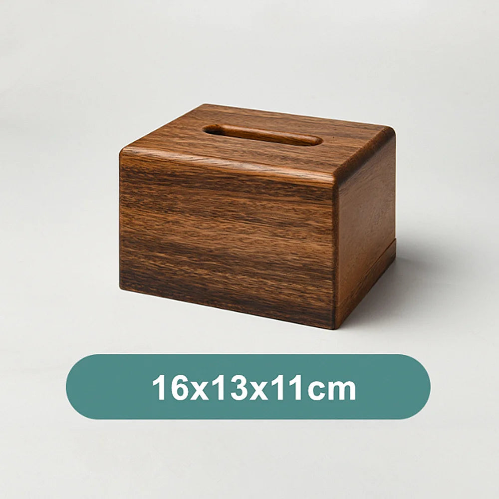 Wooden tissue box on a light gray background with dimensions displayed.