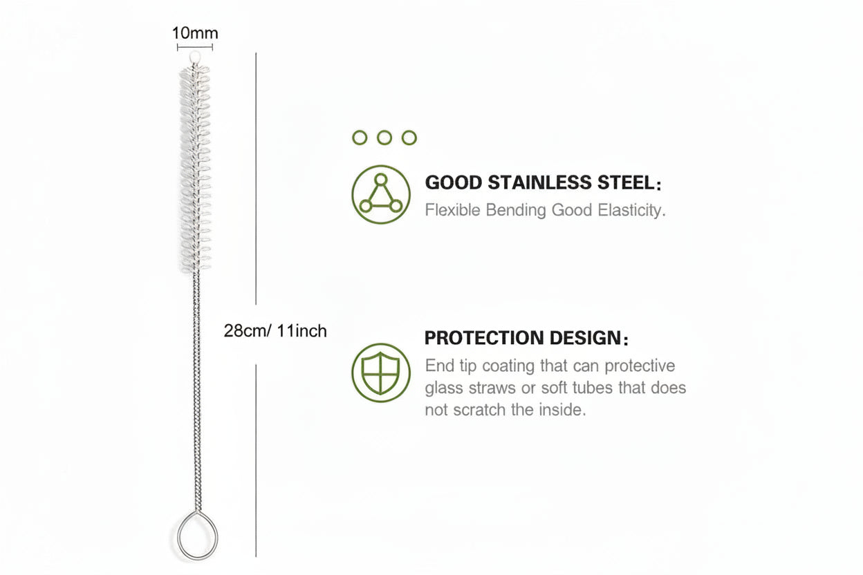 Stainless steel straw with features listed on a white background