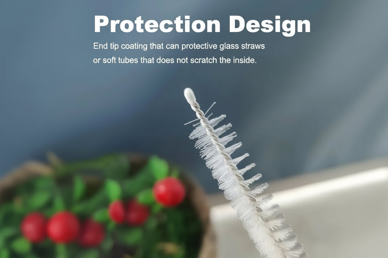 White protective glass straw tip with text on a blurred background