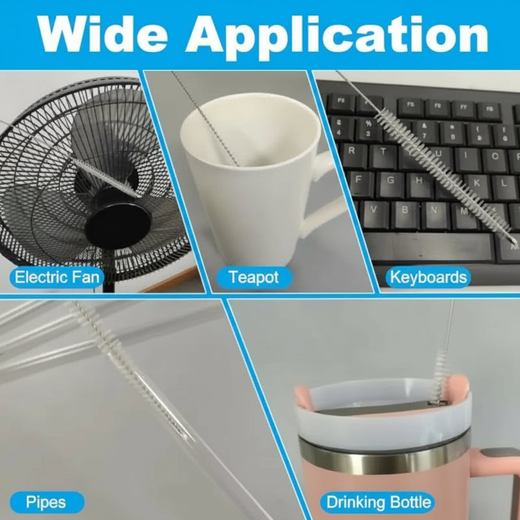 Collage of various items with straws labeled for different uses including electric fan, teapot, keyboards, pipes, and drinking bottle.