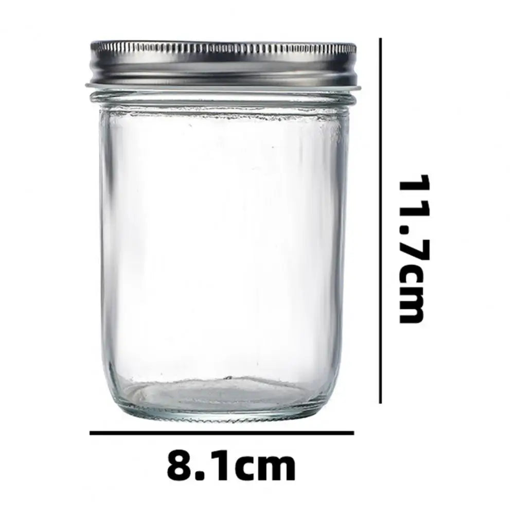 Clear glass jar with metal lid and dimensions labeled on a white background