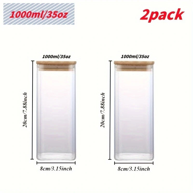Stackable glass food storage jars with bamboo lids, sealed, transparent square containers for kitchen pantry and counter organization.