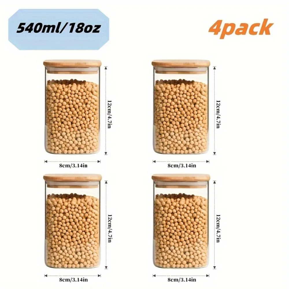 Stackable glass food storage jars with bamboo lids, sealed, transparent square containers for kitchen pantry and counter organization.