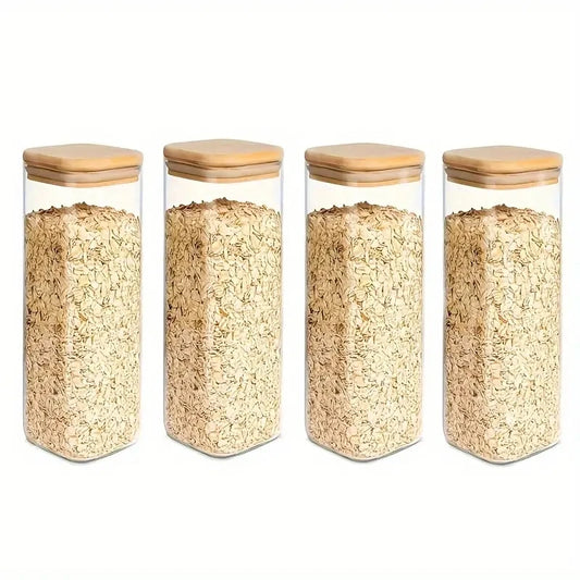 Stackable glass food storage jars with bamboo lids, sealed, transparent square containers for kitchen pantry and counter organization.