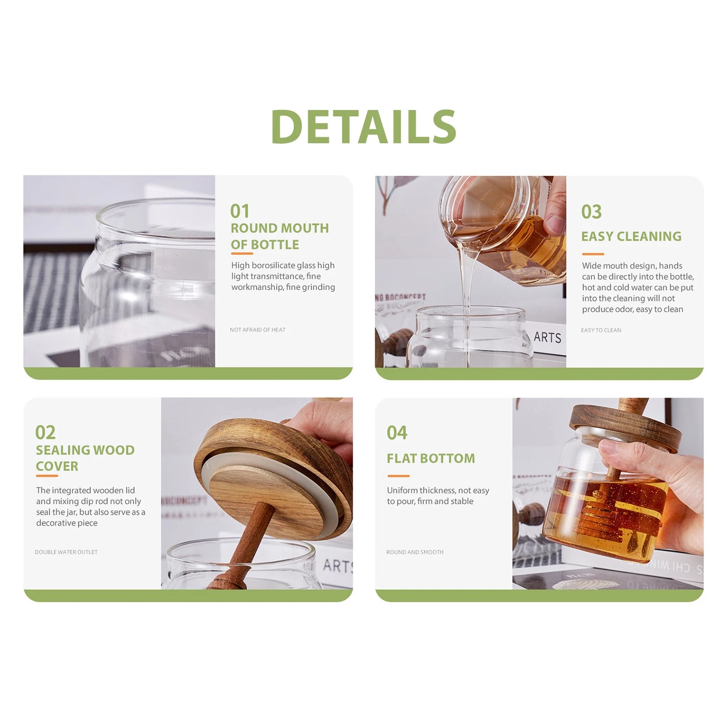 Product details of a glass bottle with wooden cap on a white background