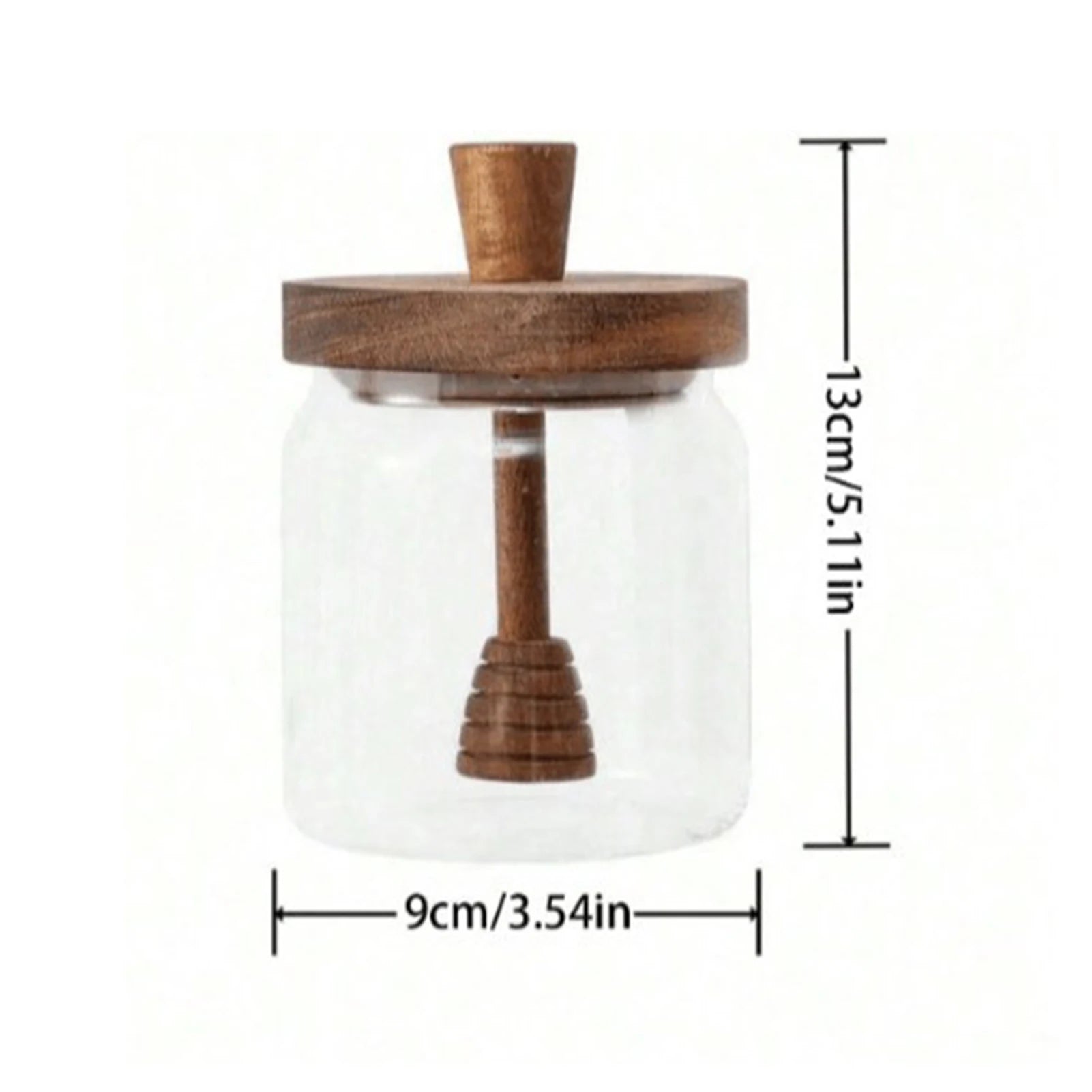 Glass jar with wooden lid and measurements on a white background