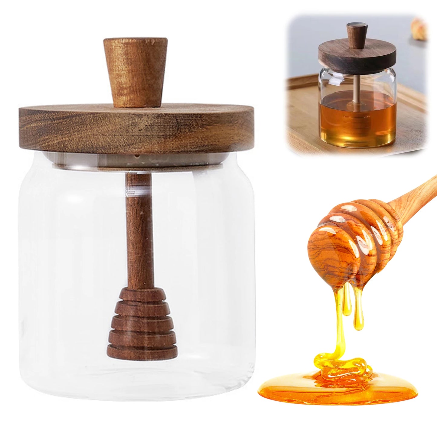 Glass jar with wooden lid and honey dipper on a white background
