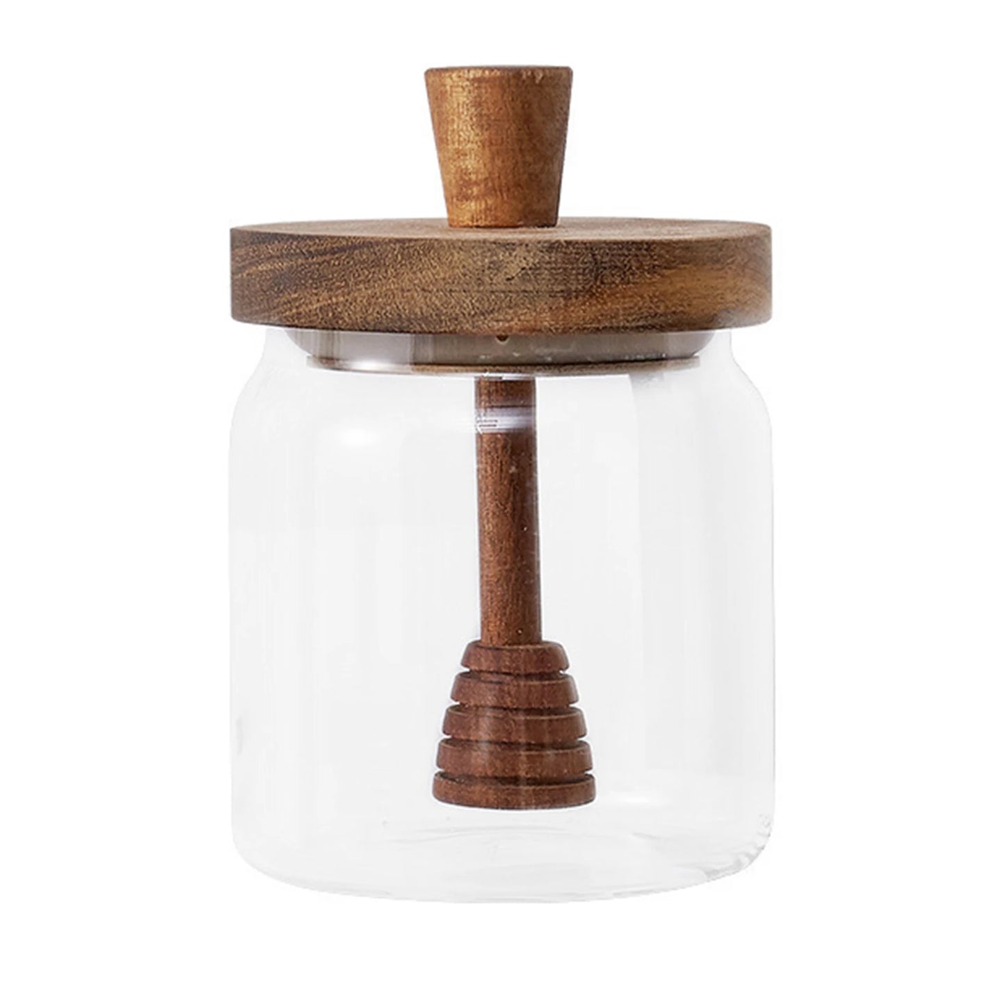 Glass jar with wooden lid and handle on a white background