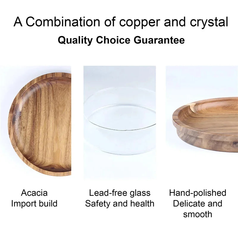 Three wooden trays with text describing material and quality attributes on a white background.