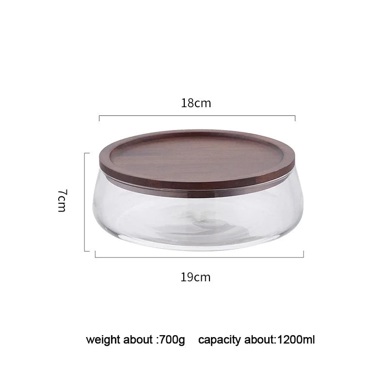 Glass container with wooden lid and dimensions on a white background