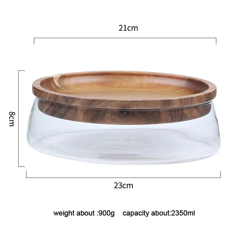 Glass container with wooden lid and dimensions on a white background