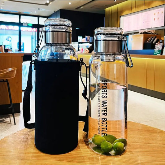 1-liter glass water bottle with cloth sleeve and tea infuser, ideal for outdoor or office use