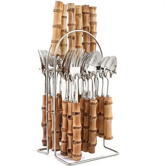 EcoNest Kitchen 24-Piece Bamboo Handle Stainless Steel Cutlery Set with mirror finish