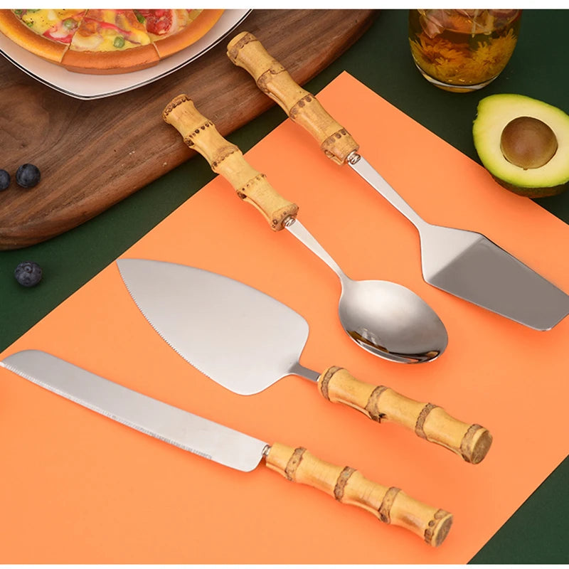 EcoNest Kitchen Natural Bamboo Pizza and Cheese Tool Set with stainless steel blades for eco-friendly serving