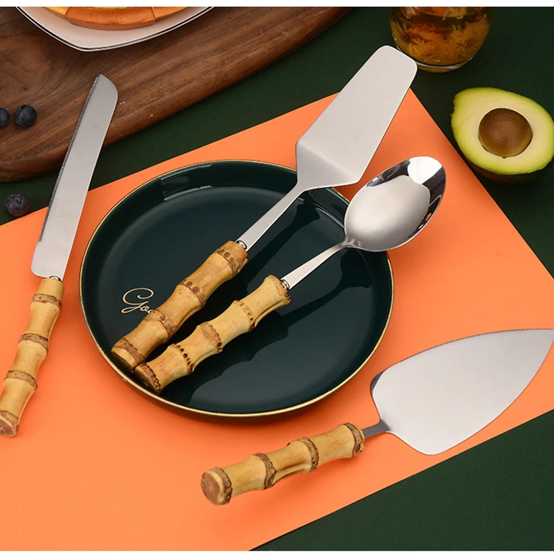 EcoNest Kitchen Natural Bamboo Pizza and Cheese Tool Set with stainless steel blades for eco-friendly serving