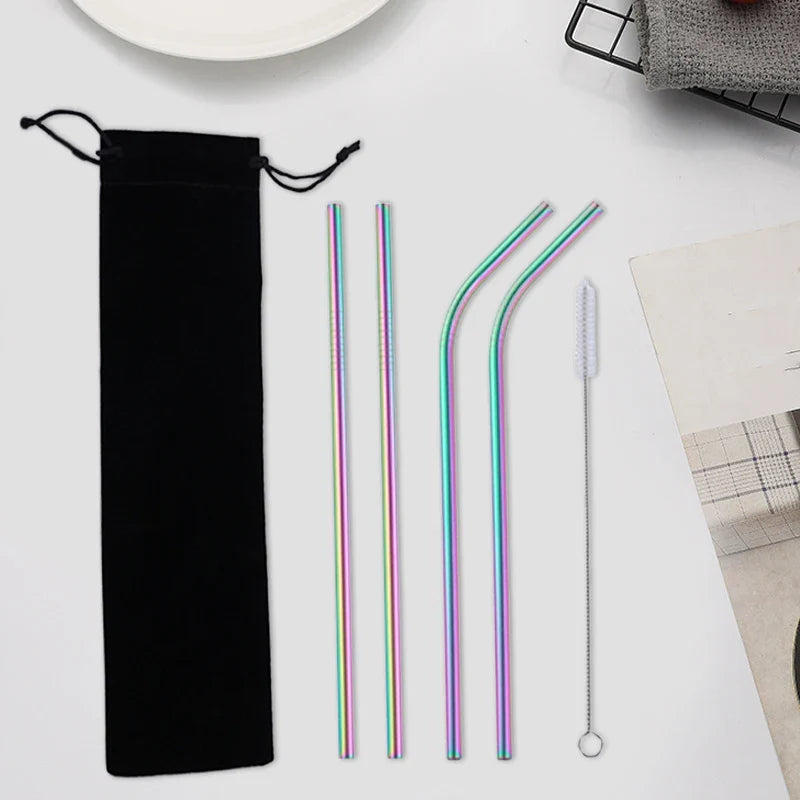 EcoNest Kitchen 5-Piece Colorful Stainless Steel Reusable Straw Set for eco-friendly drinking