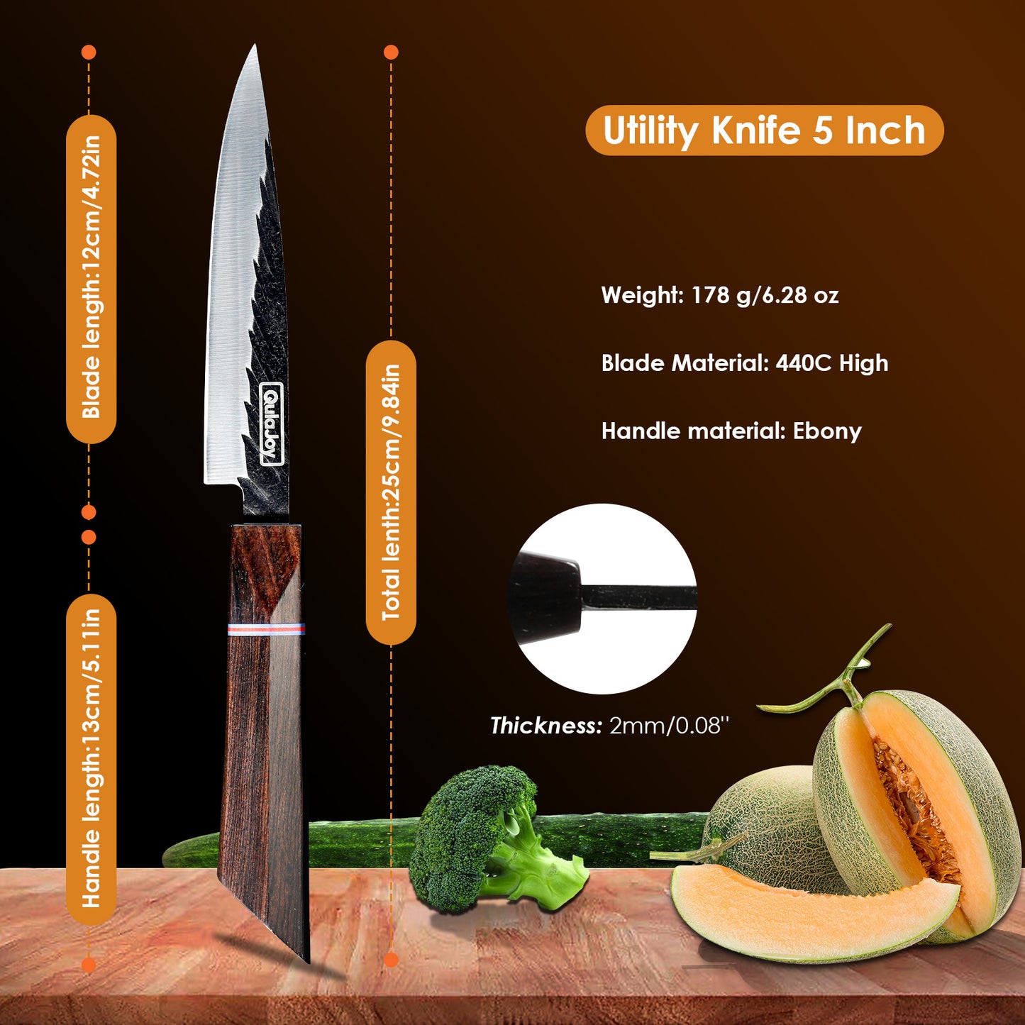 Utility knife with specifications and a wooden handle on a brown background
