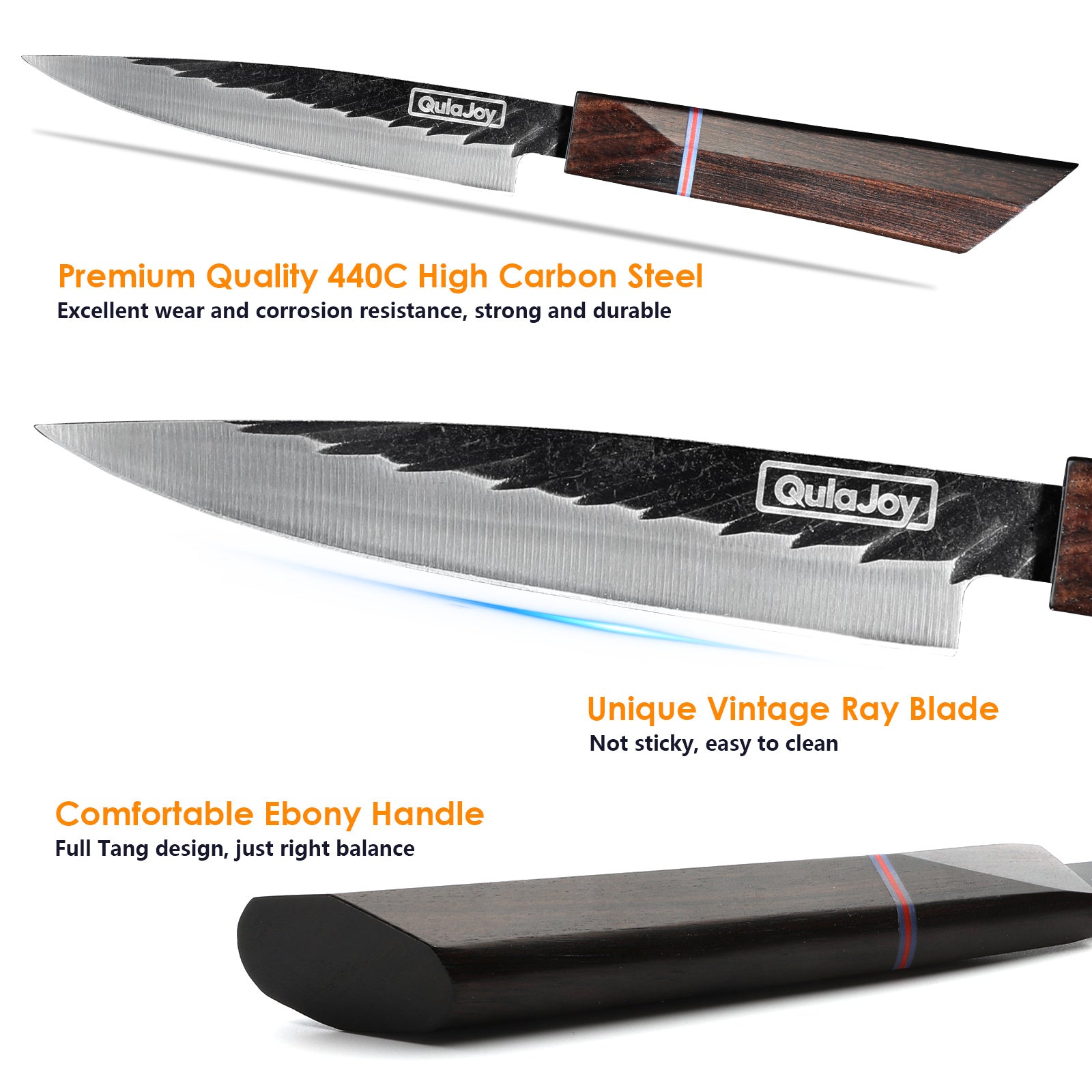 Three knives with text highlighting features on a white background