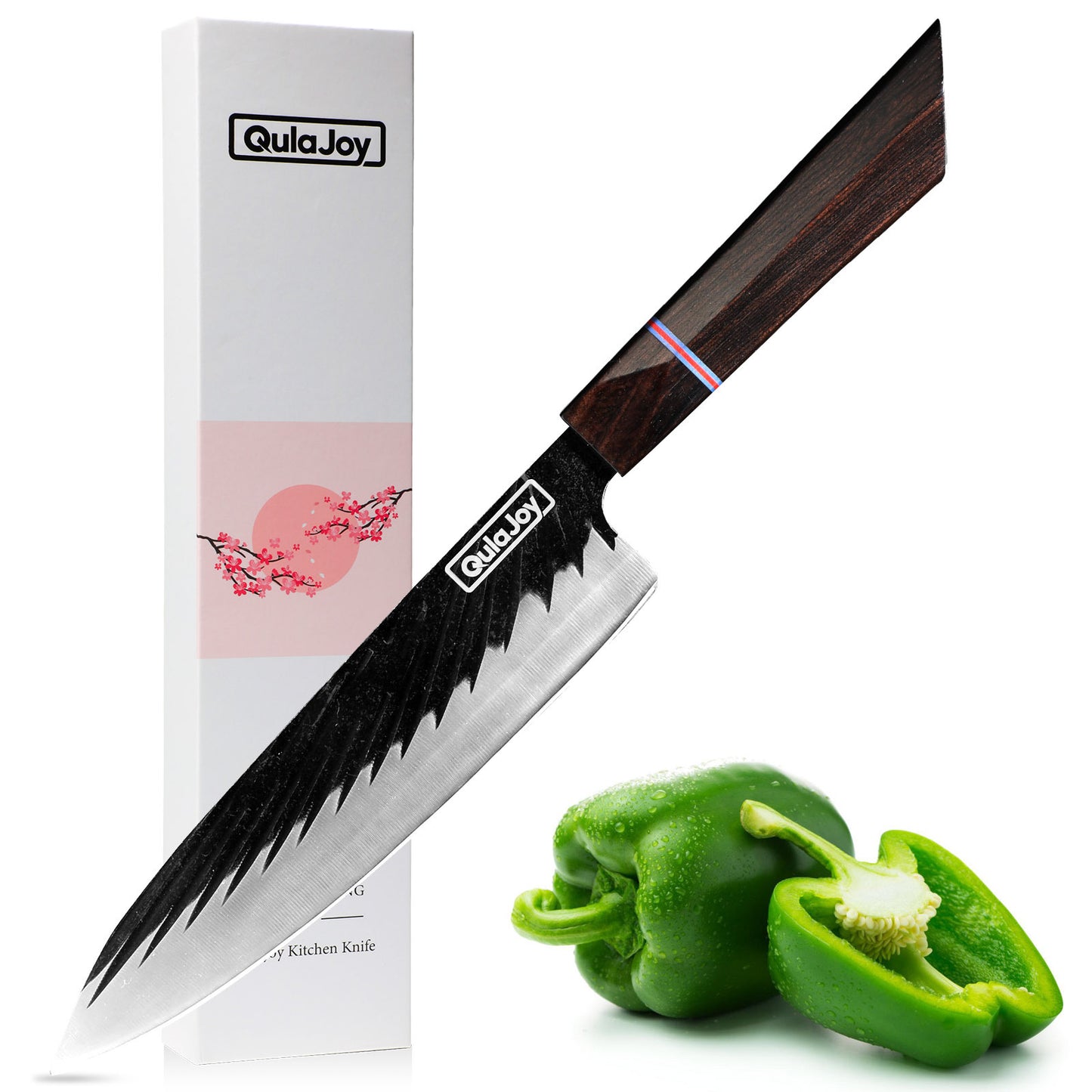 Kitchen knife with wooden handle and QulaJoy branding, next to a green pepper on a white background.