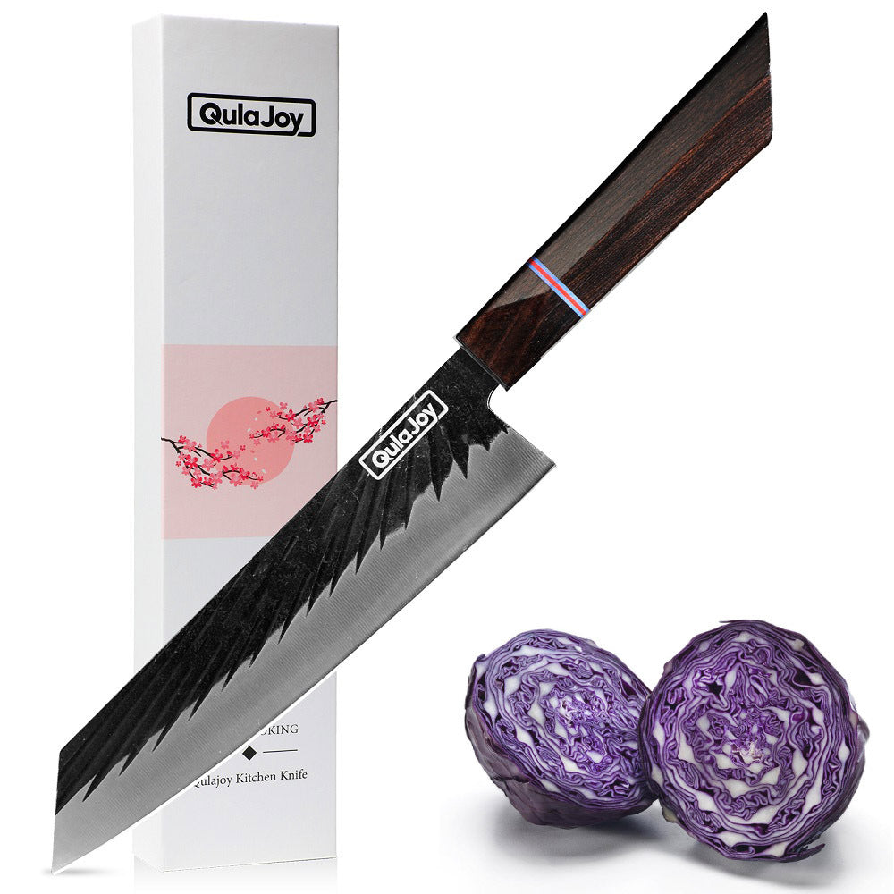 QulaJoy kitchen knife with a box and sliced purple cabbage on a white background