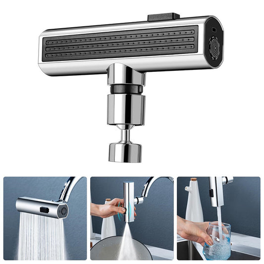 Chrome kitchen faucet with multiple spray heads on a white background