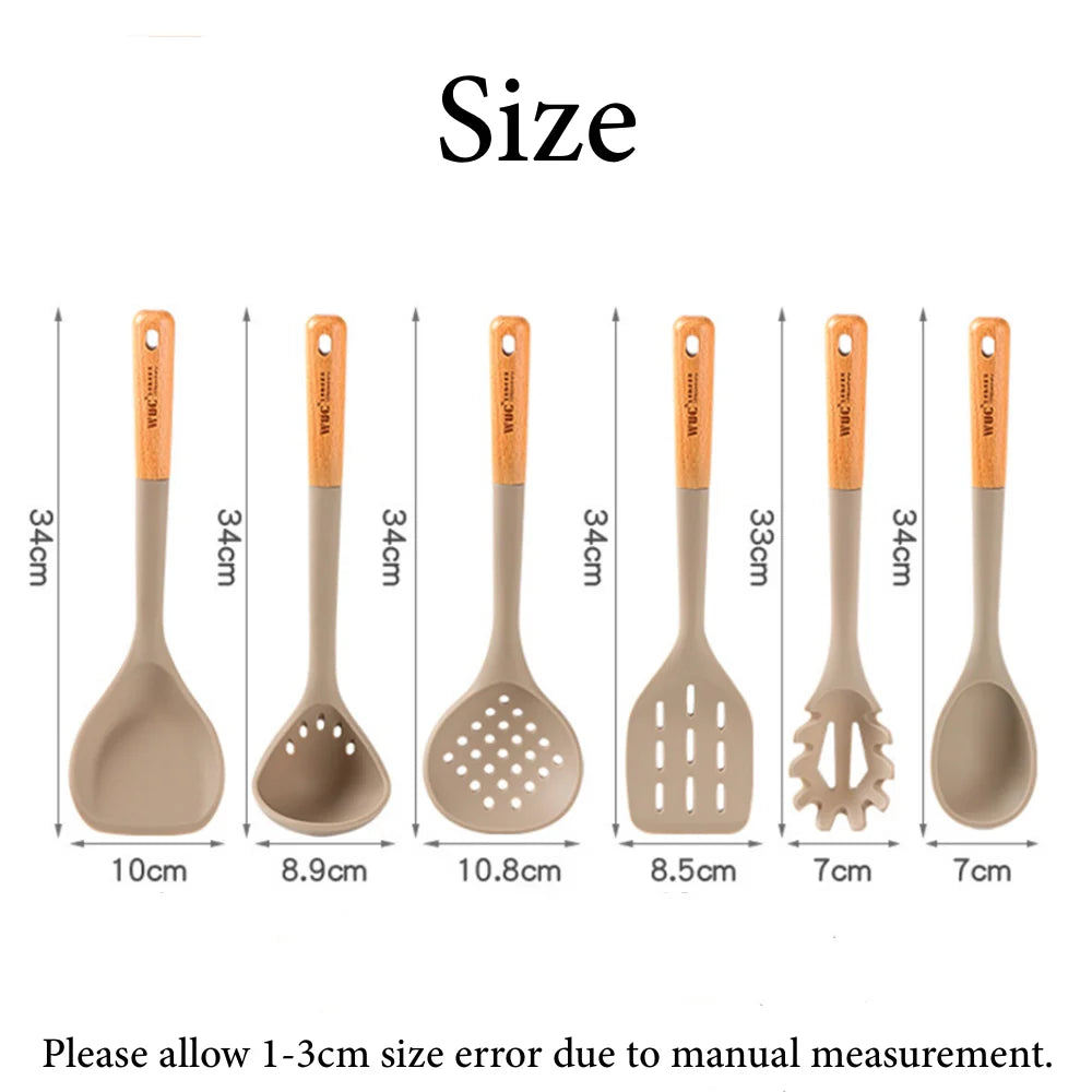 EcoNest Kitchen 4-Piece Silicone Spatula Set with Wooden Handles size chart showing various spatula sizes and shapes.