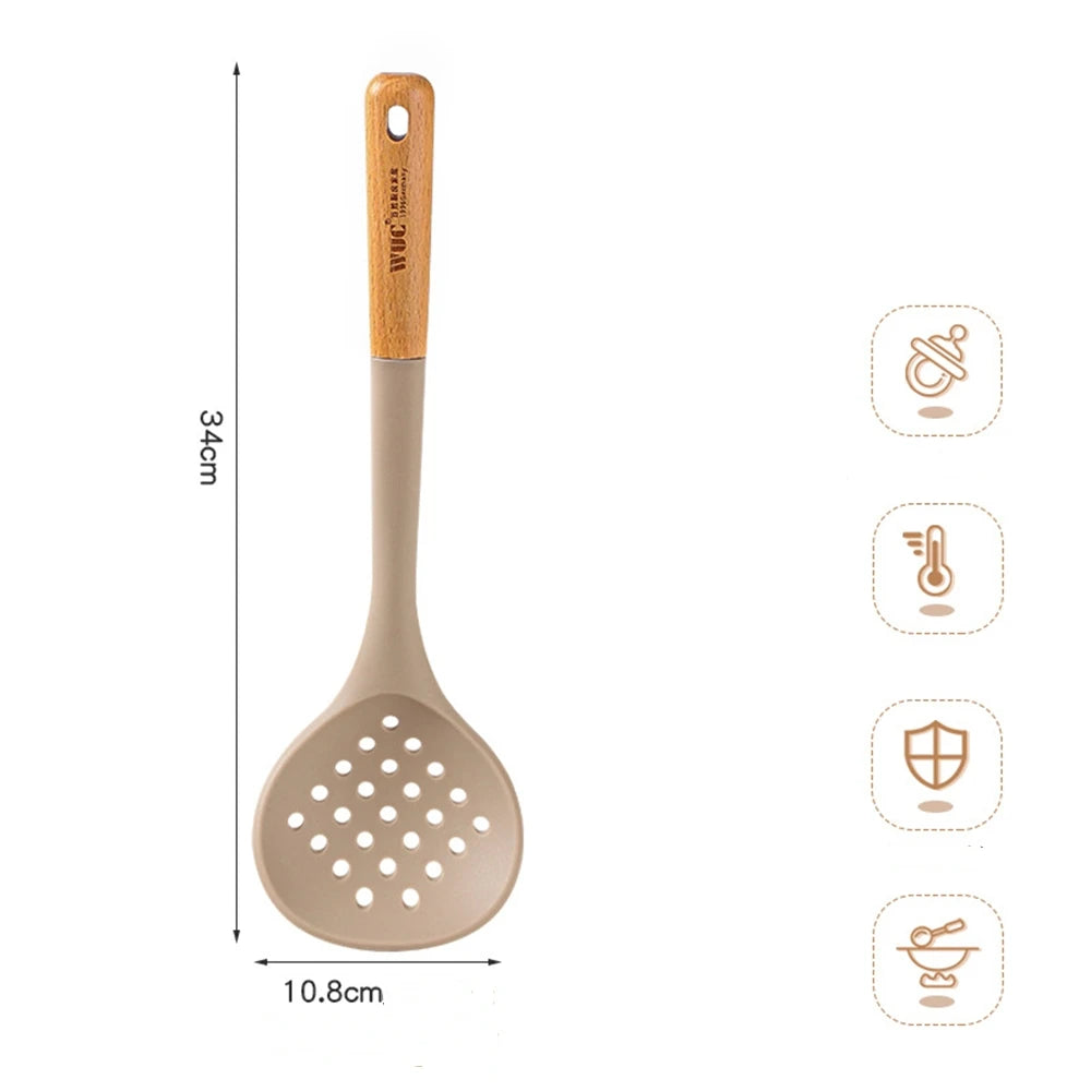 EcoNest Kitchen 4-Piece Silicone Spatula Set with Wooden Handles, detail of slotted spatula with beechwood handle.